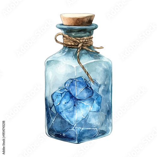 Watercolor Blue Glass Bottle with Ice Cubes and Cork Stopper Clipart