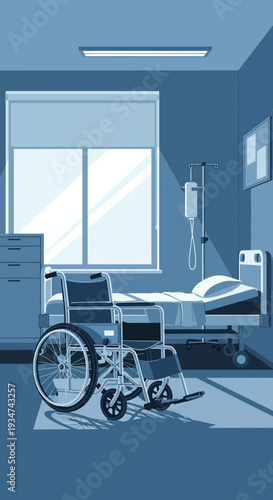 Hospital Room Interior Illustration With Wheelchair, Bed, and Medical Equipment Representation