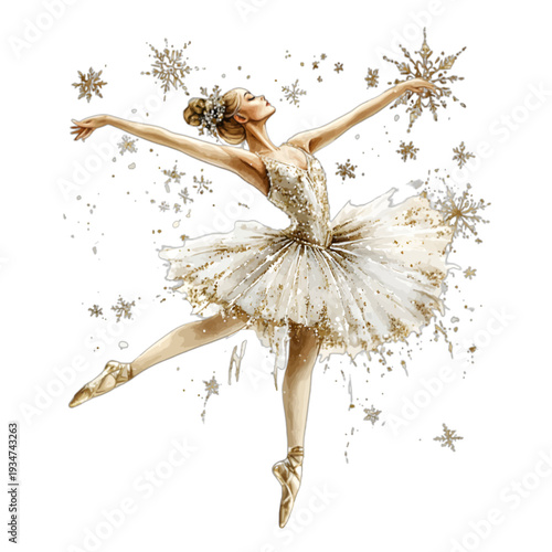 Watercolor ballerina in white tutu dancing with gold snowflakes

