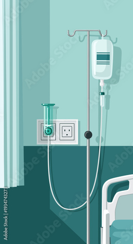 Hospital Room Interior: Sterile IV Drip Setup Illustrating Healthcare and Recovery Processes