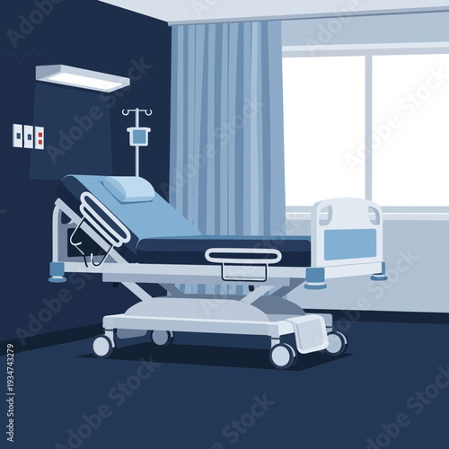 Hospital Room Interior: Modern Medical Bed, Window, Lighting, and Curtains in Blue Tones