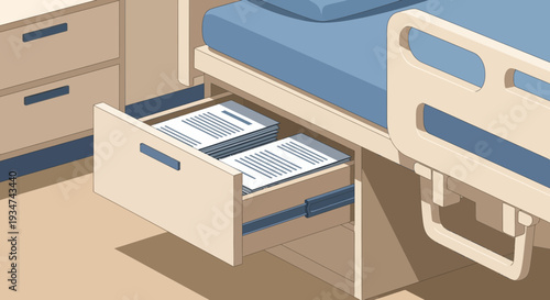 Hospital Room Scene Displaying Documents Stored Within The Bedside Drawer For Medical Records