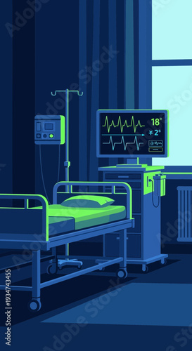 Hospital Room Scene Displaying Medical Equipment And A Patient Bed In A Dark Blue and Green