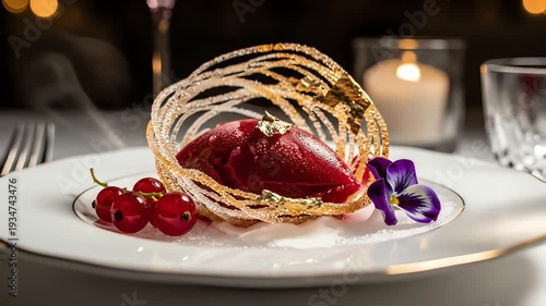 Gourmet dessert plate garnished with fruits and delicate artistic design