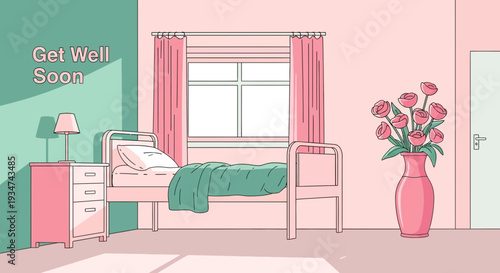 Hospital Room Scene Featuring Get Well Soon Message And Decorative Floral Arrangement
