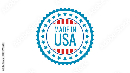 Circular emblem with stars and stripes pattern featuring 'Made in USA' text in a blue and red design