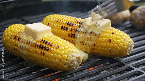 Grilled corn on the cob with butter on metal grate close up