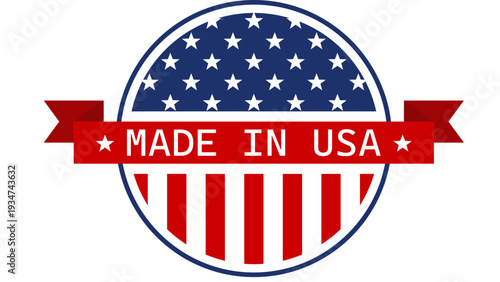 Circular emblem featuring American flag design with 'Made in USA' banner, symbolizing national pride and product origin