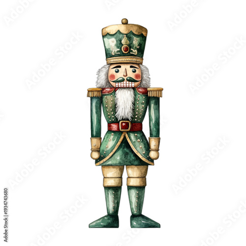 Watercolor Nutcracker soldier figure in green uniform and gold crown
