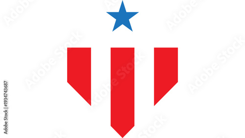 Geometric emblem featuring red shapes and blue star, symbolizing creativity, viewed from directly above in a minimalist design