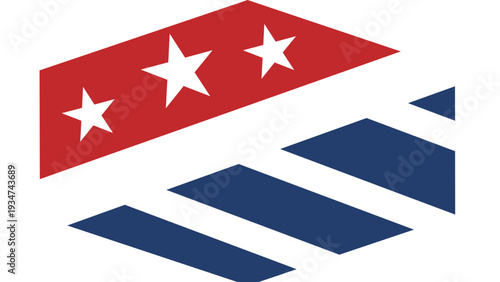 Abstract graphic illustration featuring red banner with three white stars and blue stripes on white background viewed from directly above