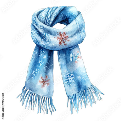 Blue watercolor winter scarf with white and red snowflake pattern