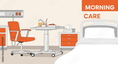 Hospital Room with Morning Care Details with Bedside Table, Chair, and Meal