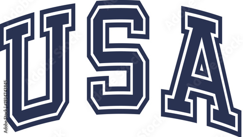 USA lettering in bold navy font on a plain background viewed straight on