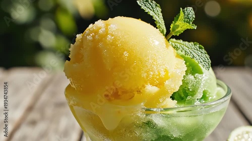 Refreshing citrus sorbet dessert in glass with mint leaves close up