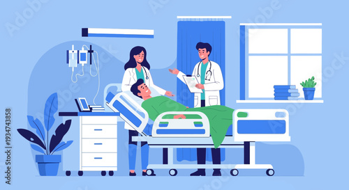 Hospital Scene Depicts Doctors Attending to Patient in Illustrated Medical Setting