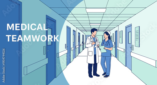 Hospital Staff Discussing Medical Information in Corridor for Health Collaboration