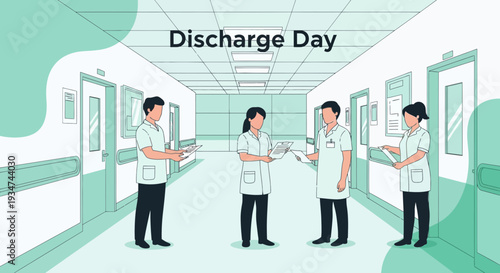 Hospital Staff Discussing Patient Discharge Plans in a Corridor Setting