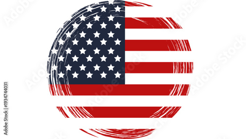 Circular American flag illustration with brush strokes viewed from the front