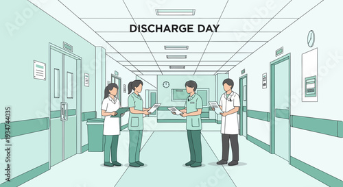 Hospital Staff Discussing Patients' Discharge Day Plans In A Brightly Lit Corridor Setting