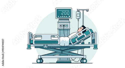 Hospitalized Patient In Bed With Medical Equipment, Undergoing Treatment and Care