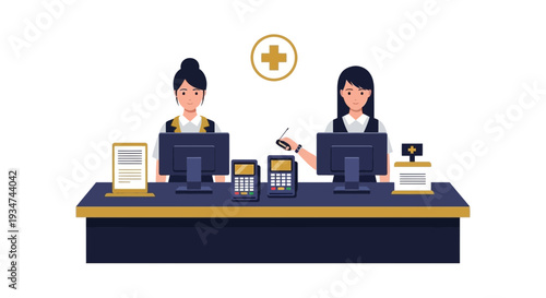 Hospital Staff: Illustration Of Medical Clerks Working At A Reception Desk