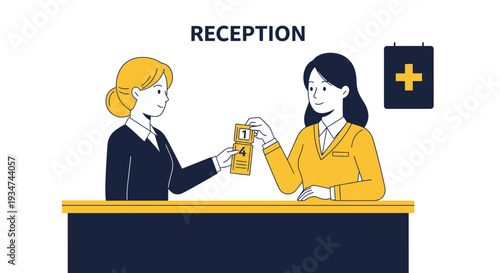 Hospital Staff Interacting At The Front Desk, Medical And Healthcare Illustration Design
