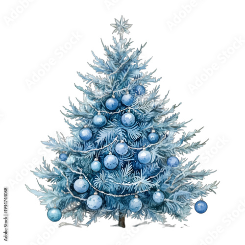 Blue watercolor Christmas tree with silver ornaments and star topper
