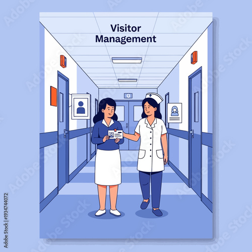 Hospital Staff Interacting with Visitor in Modern Corridor for Management and Assistance Purposes