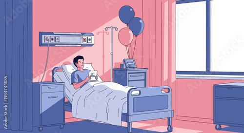 Hospitalized Patient Receives Well Wishes and Balloons In A Colorful Room Setting