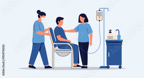 Hospital Team Assist Patient Receiving Intravenous Fluids With Gentle Care And Support