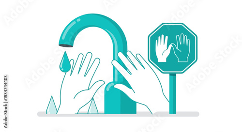 Hygiene Practices Depicted With Water Tap, Hands, And Safety Signage For Health Awareness