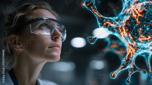 A scientist examines a futuristic virus in a laboratory setting