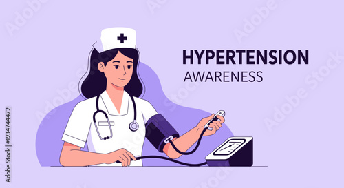 Hypertension Awareness Illustration Depicting Nurse and Blood Pressure Monitoring in Healthcare