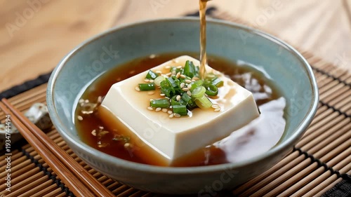 Tofu dish pouring sauce close up culinary presentation