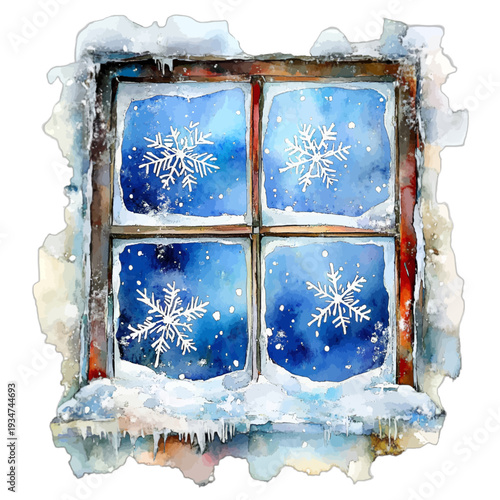 Watercolor winter window with snowflakes icicles and snow on the sill