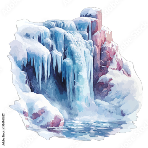 Watercolor Frozen Waterfall with Icicles and Snow Covered Rocks Winter Clipart