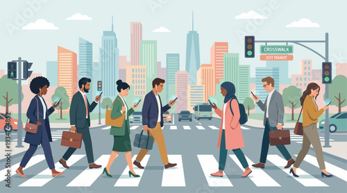 Modern Urban People Crossing Street While Using Smartphones – Flat Design Illustration