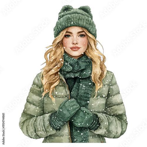 Watercolor Winter Portrait of Young Woman in Sage Green Puffer Jacket Beanie and Gloves