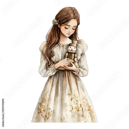 Fashion illustration of a young woman in a floral dress holding a Nutcracker