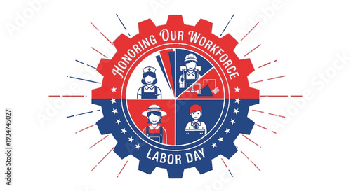 Labor day badge with workers in a cogwheel red and blue colors honoring our workforce patriotic theme illustration