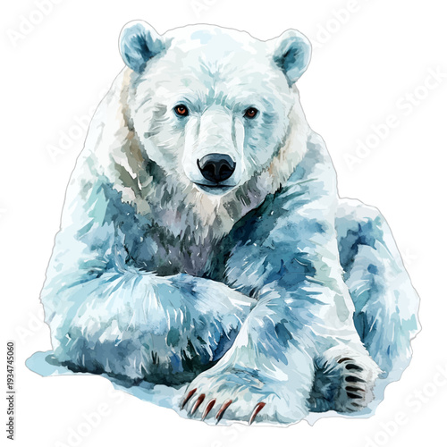 Watercolor illustration of a polar bear sitting on ice in blue and white