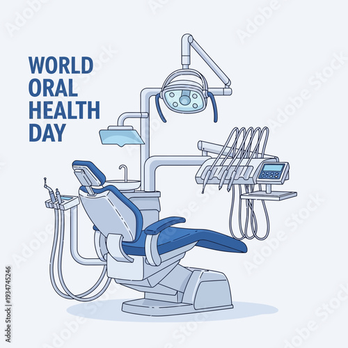 Illustrated Dental Clinic Chair and Equipment for Promoting World Oral Health Day Celebrations