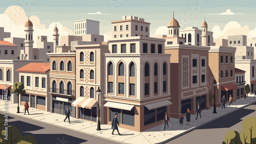 City Buildings with People Walking Around.