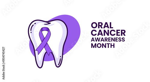 Illustrated Dental Health Image with Purple Ribbon, Symbolizing Oral Cancer Awareness