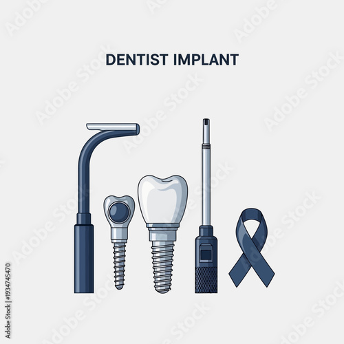 Illustrated Dental Implant Procedure Featuring Tools, Healthy Tooth, and Awareness Ribbon Symbol