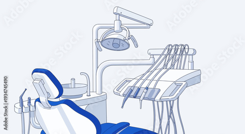 Illustrated Dental Office Equipment Depicting Modern Chairs And Advanced Technology