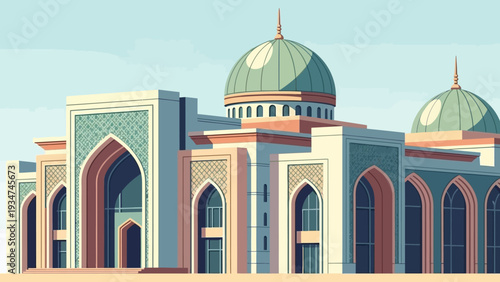 Islamic Mosque Building with Domes Architecture.
