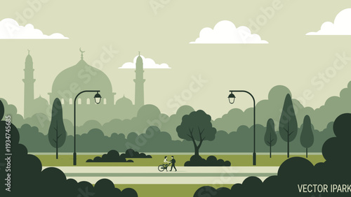 Cyclist Riding Bike in City Park Landscape.