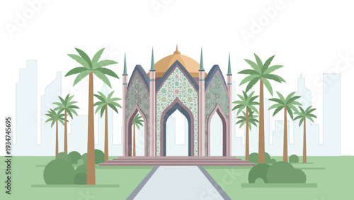 Islamic Mosque Building with Palm Trees.